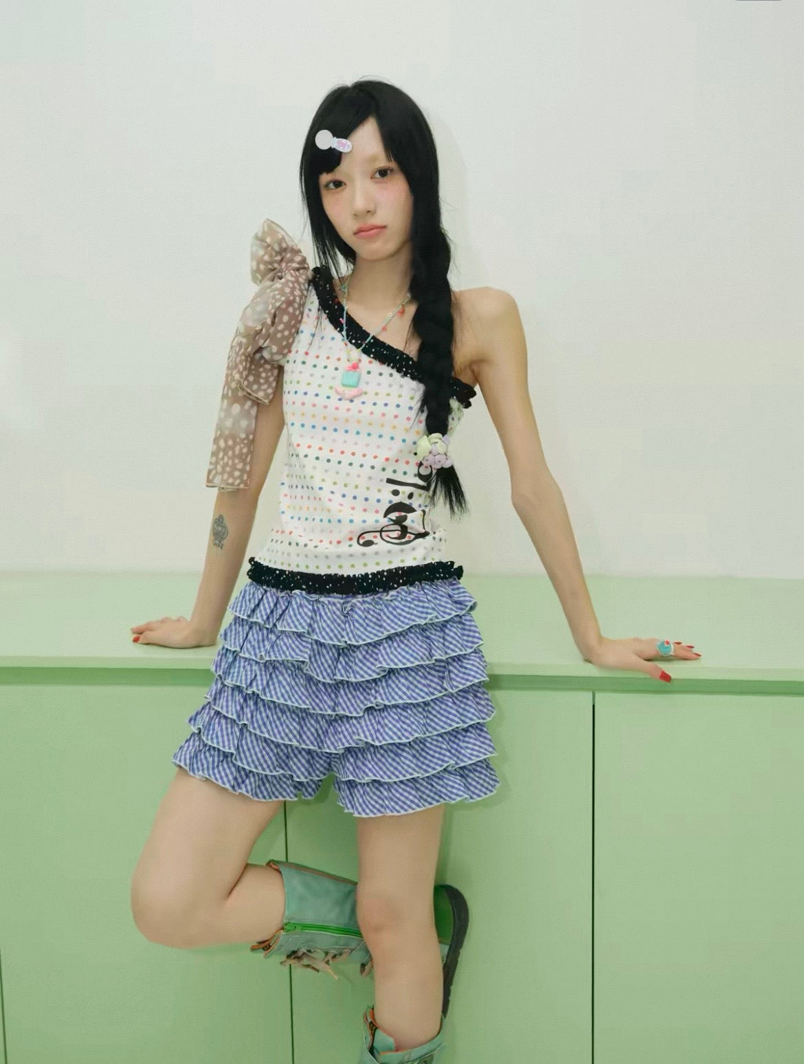 have a meal / Retro Polka Dot & Musical Note Print One-Shoulder Camisole