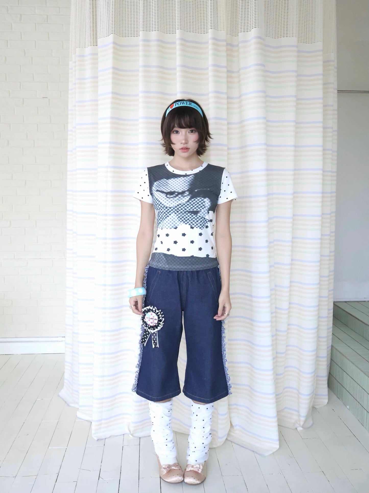OurHappy / Retro Polka Dot & Cat Print Shoulder T-Shirt