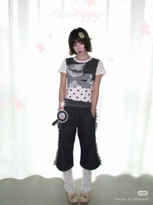 OurHappy / Retro Polka Dot & Cat Print Shoulder T-Shirt