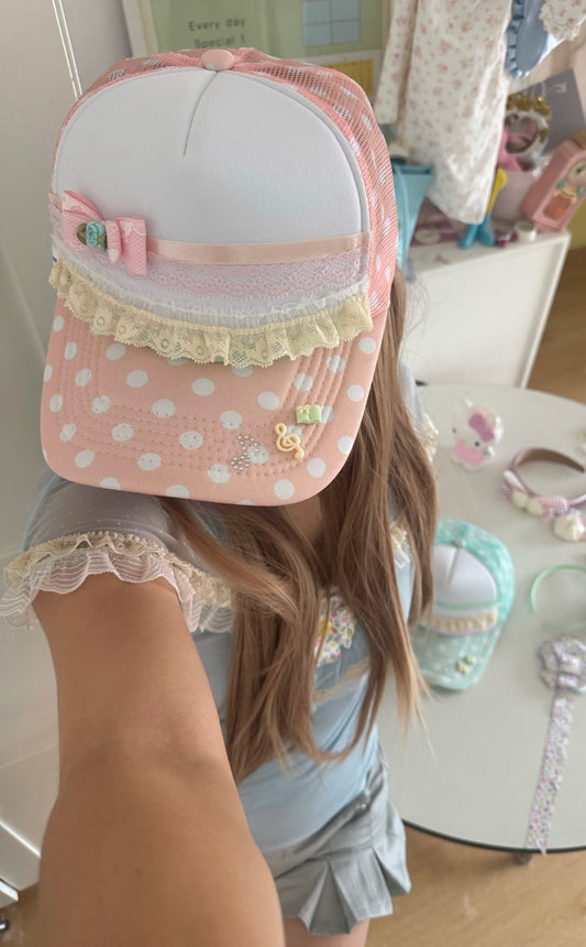 Wolf Grandmother / Lace Bow Dot Baseball Cap (Pink,Green) 