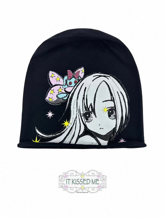 LISCALLA / Original Anime Girl Print Knit Beanie [Black]