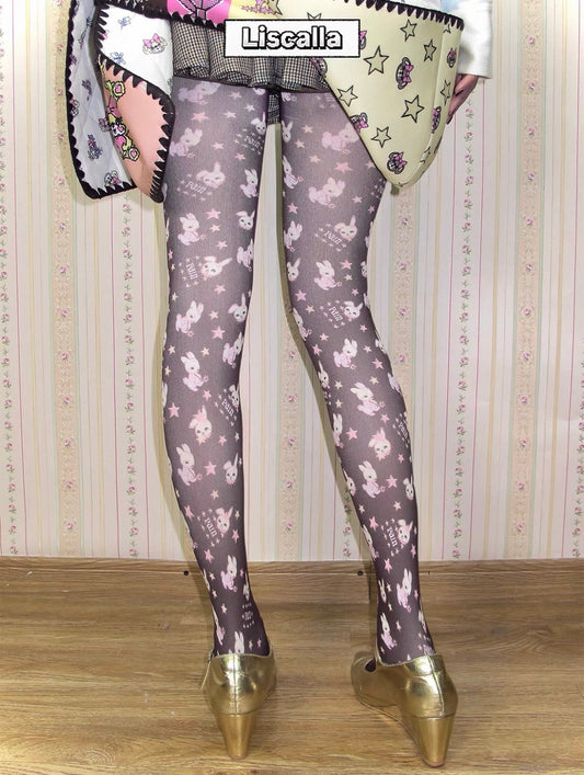 LISCALLA / "IT KISSED ME" Cute Bunny Brown lllustration Tights