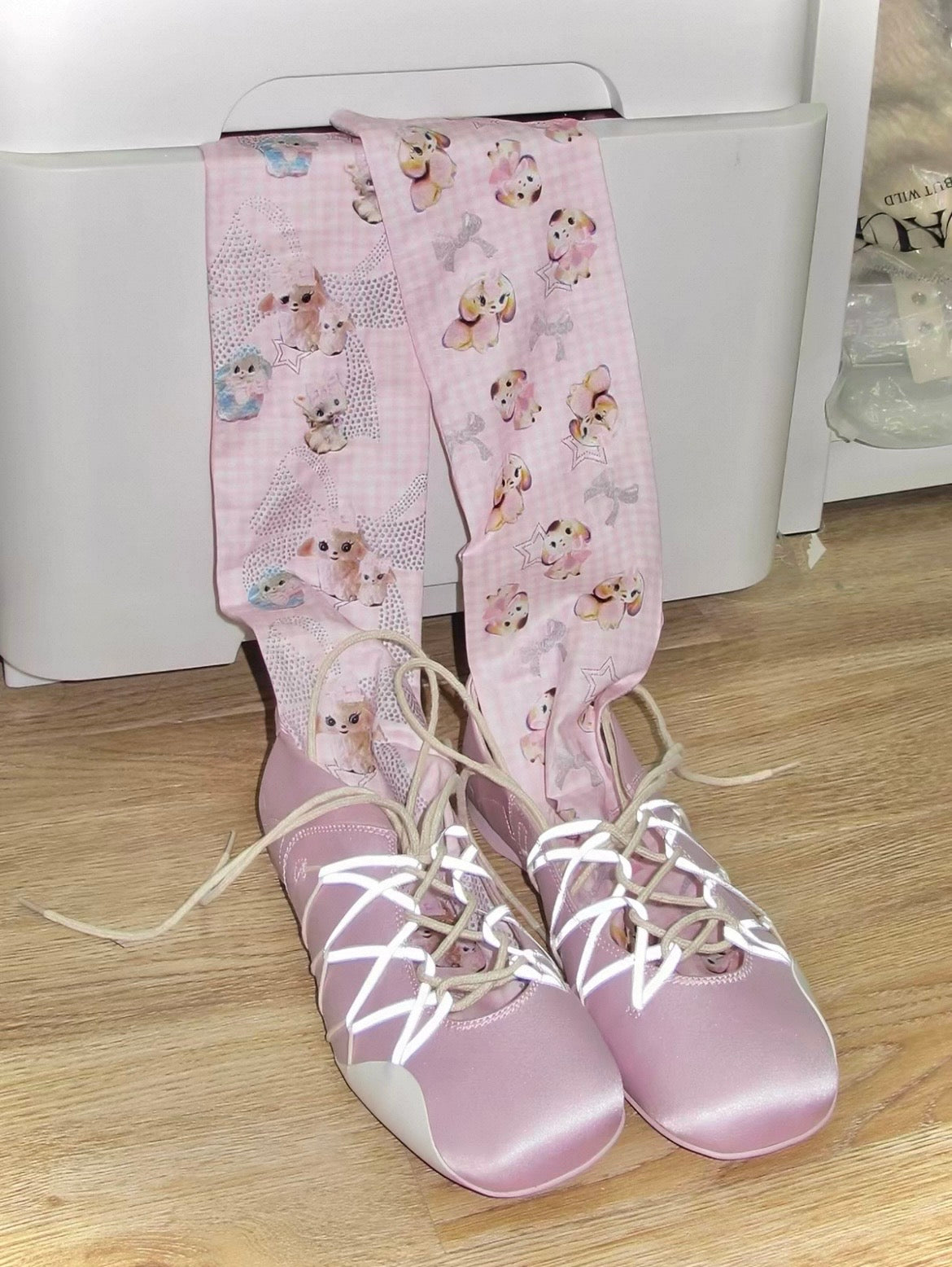 LISCALLA / "My Diary" Ribbon & Animal Pink Check Mid Socks