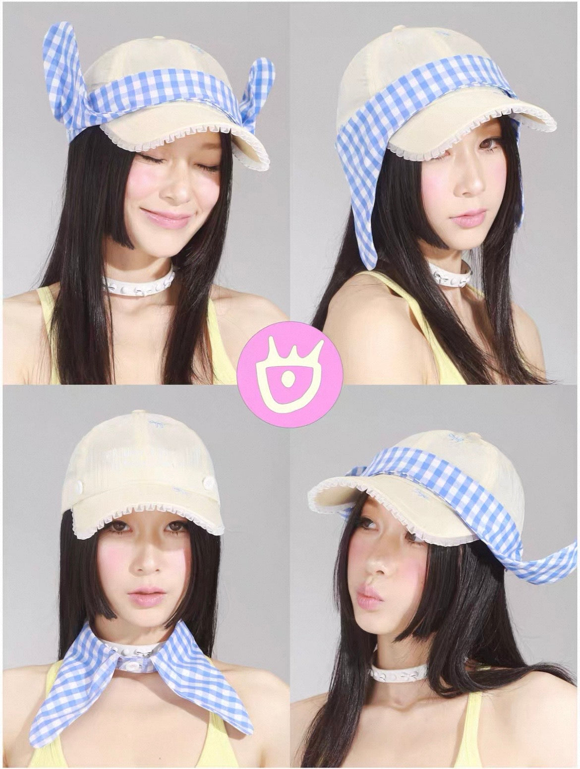 半家家 Bonmii / Yellow bow plaid rabbit-ear detachable baseball cap