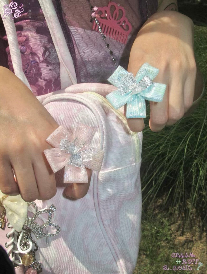 卷蜗Cream roll snail : Sparkly Ribbon Flower Adjustable Ring (Pink,Blue)