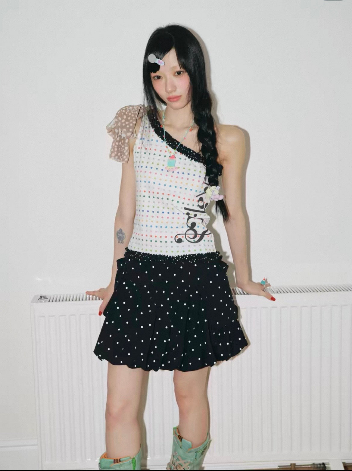 have a meal / Retro Polka Dot & Musical Note Print One-Shoulder Camisole