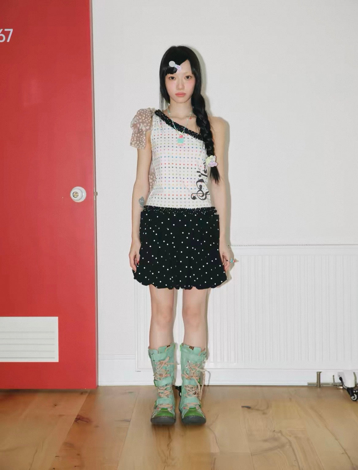 have a meal / Retro Polka Dot & Musical Note Print One-Shoulder Camisole