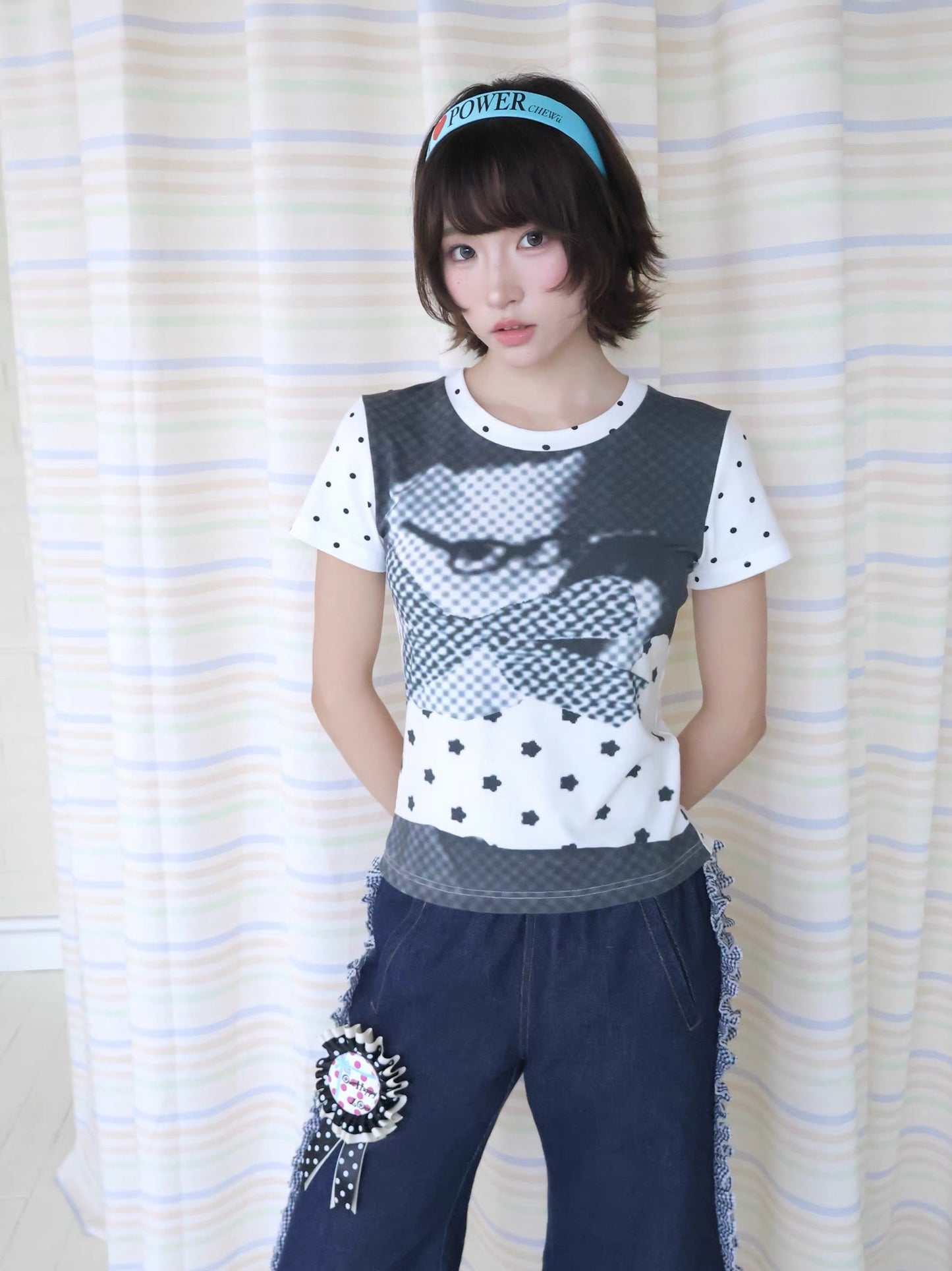 OurHappy / Retro Polka Dot & Cat Print Shoulder T-Shirt