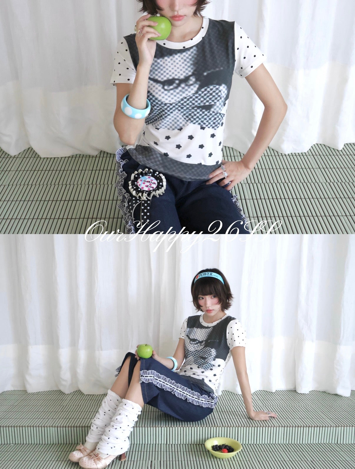 OurHappy / Retro Polka Dot & Cat Print Shoulder T-Shirt