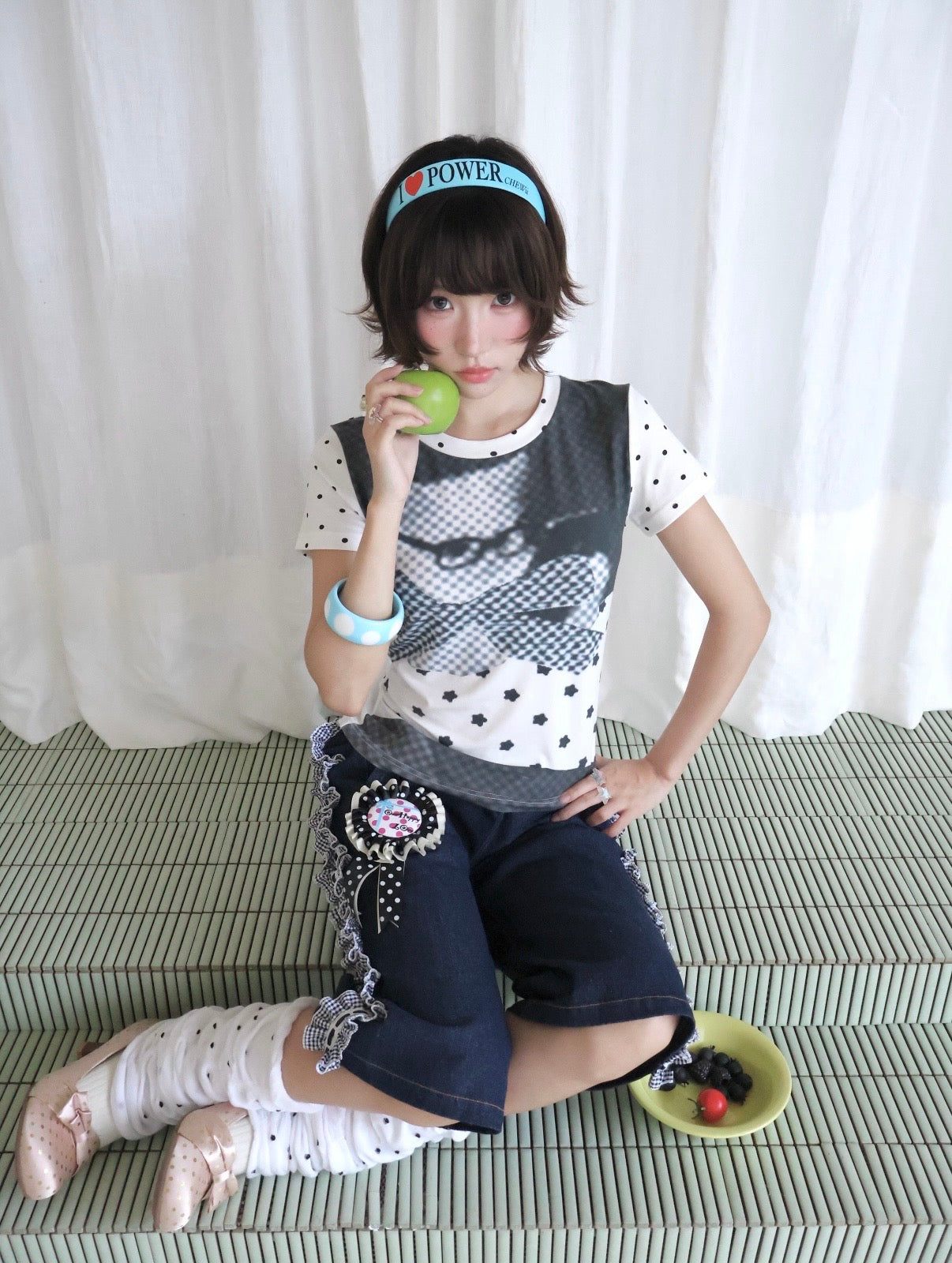 OurHappy / Retro Polka Dot & Cat Print Shoulder T-Shirt