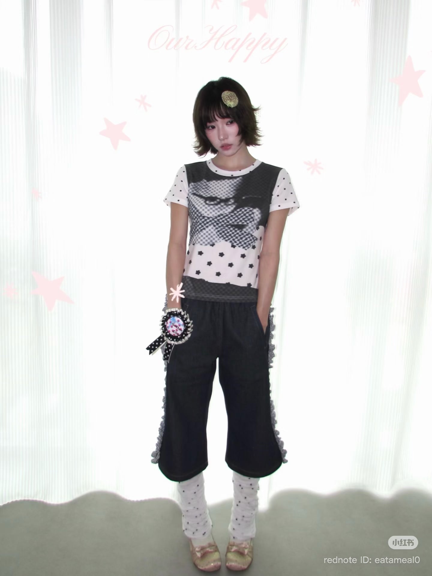OurHappy / Retro Polka Dot & Cat Print Shoulder T-Shirt