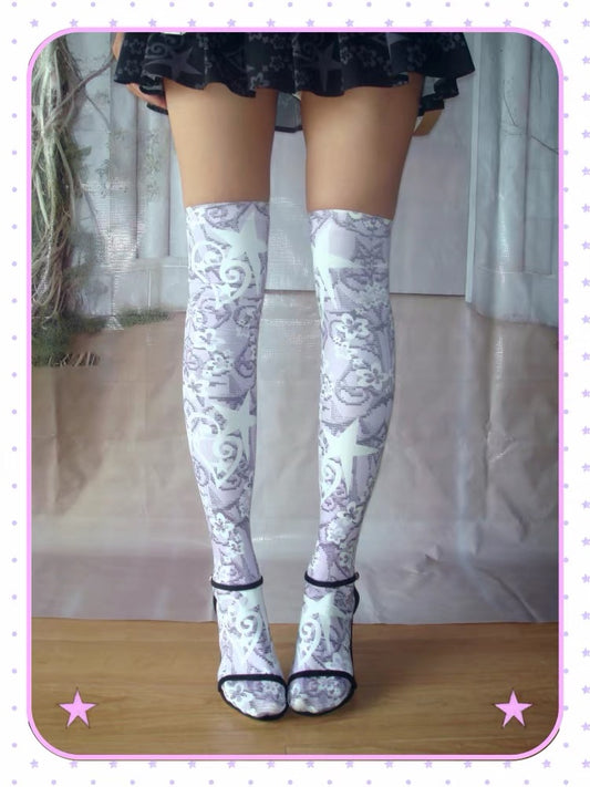 Rustset / Purple & White Printed Over-the-Knee Socks
