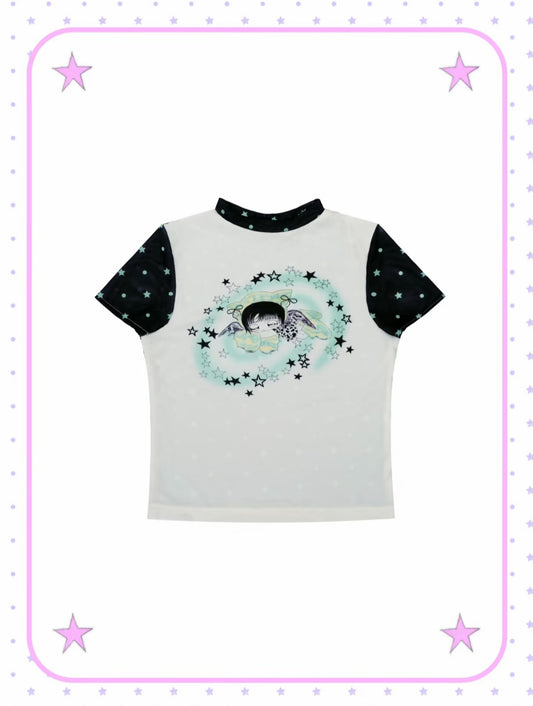 Rustset / Polka Dot Printed Mesh Fitted Tee